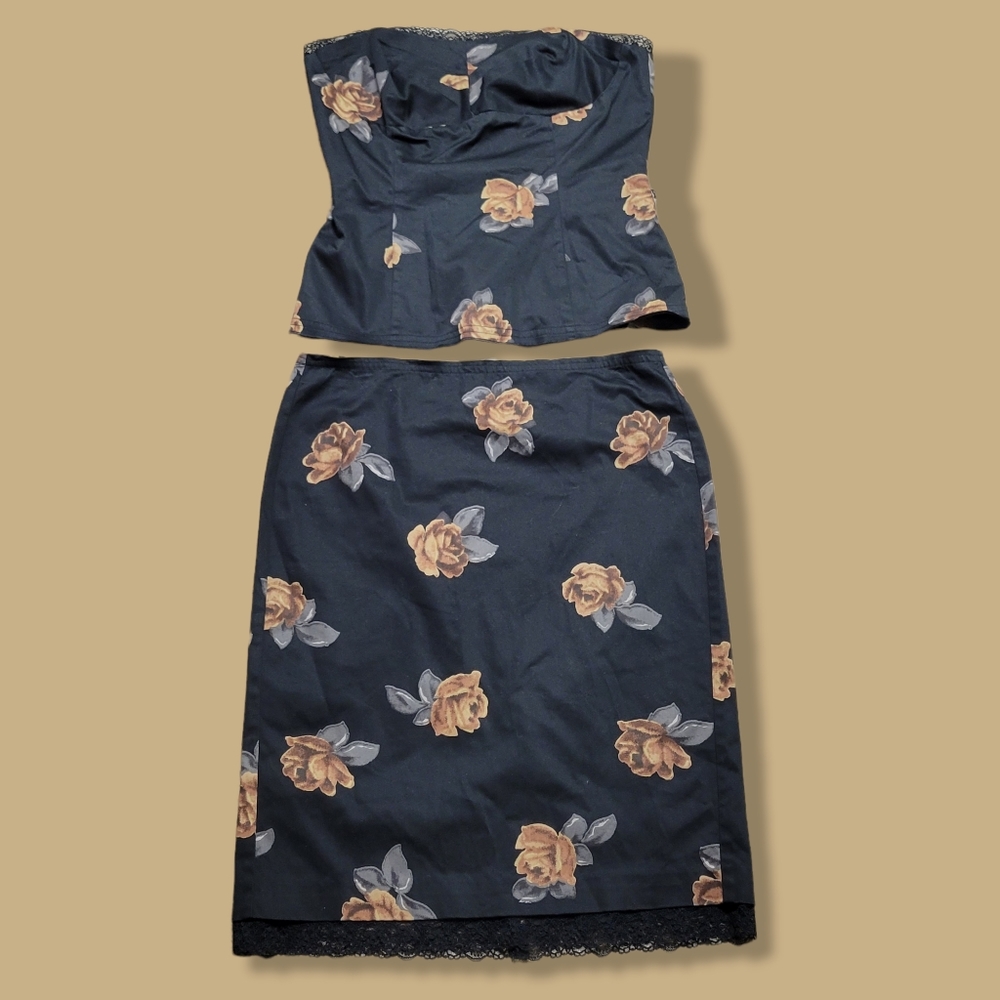 White House Black Market Navy Floral Strapless Skirt Set
